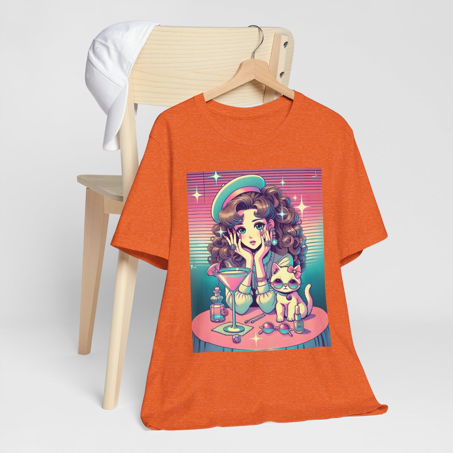 Retro Girl and Cat Graphic Tee Vaporwave Pastel Aesthetic Cocktail Lounge 80s Inspired Shoujo Style T Shirt Gift for Daughter or Dad