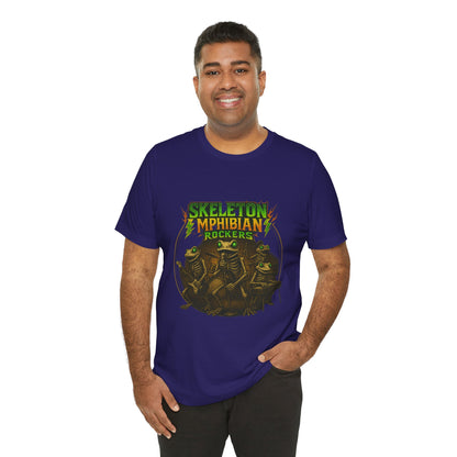 Skeleton Amphibian Rockers Album Cover Tee - Green Eyed Skeleton Frog Band Vocal Guitar Piano Drums Rock Art Shirt