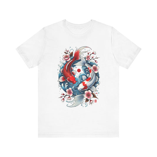 Koi Fish Yin Yang T-Shirt - Japanese Tattoo Style Nishikigoi, Cherry Blossoms, Water Art, Lucky Fish, Unisex Graphic Tee