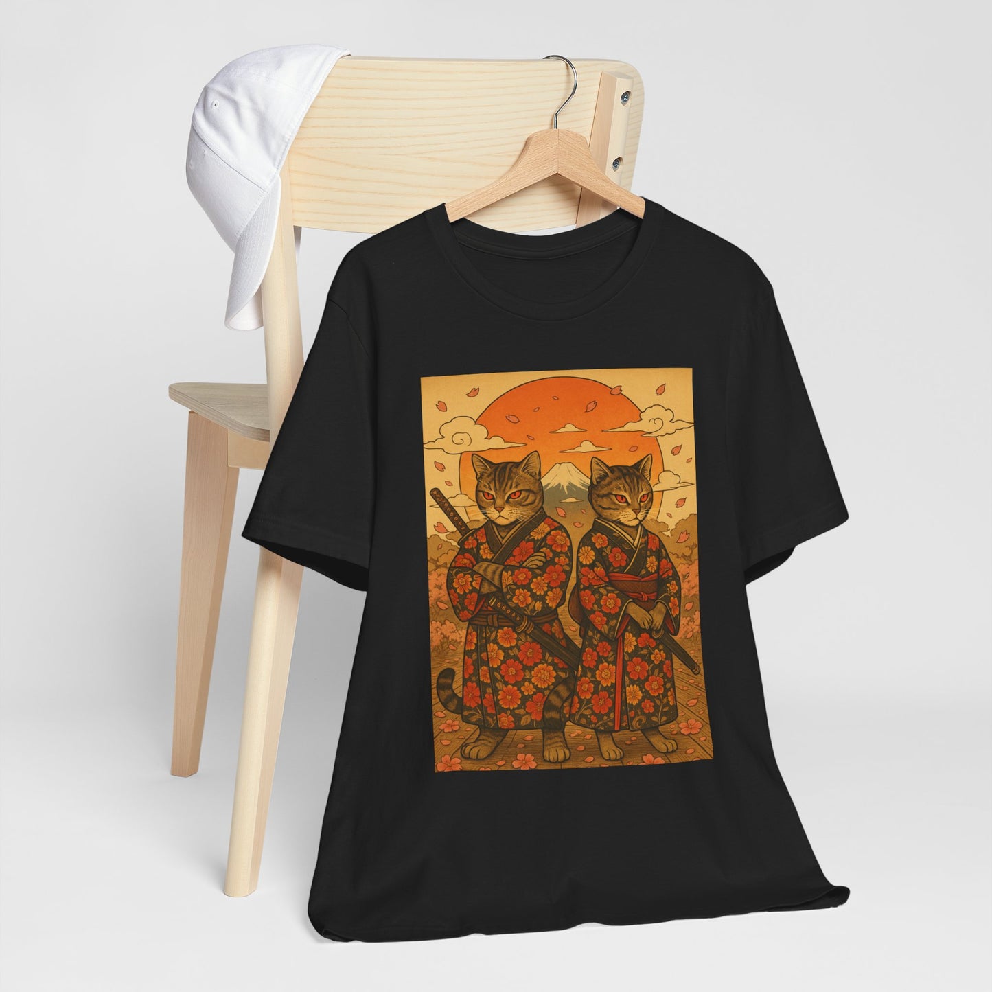 Samurai Cat T-Shirt - Floral Kimono Warrior with Katana | Japanese Ukiyo-e Style, Cherry Blossoms & Mount Fuji | Bold Cat Art Tee