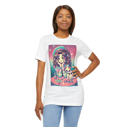 Retro Girl and Cat Graphic Tee Vaporwave Pastel Aesthetic Cocktail Lounge 80s Inspired Shoujo Style T Shirt Gift for Daughter or Dad