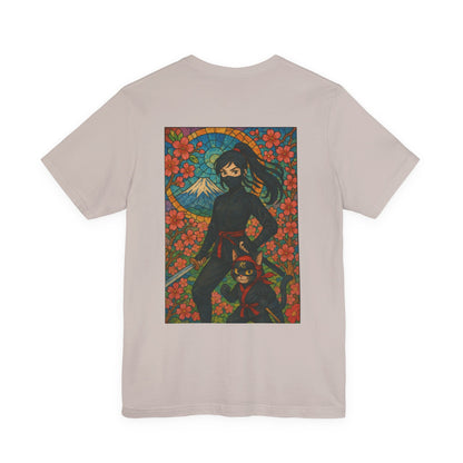 Ninja and Cat T-Shirt - Female Ninja in Black Outfit with Shuriken-Japanese Samurai Style, Mount Fuji, Cherry Blossoms-Cool Unisex Anime Tee