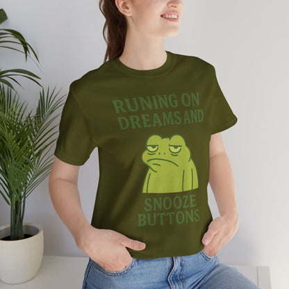 Running on Dreams and Snooze Buttons Shirt Sleepy Frog Tee Funny Night Owl Top Great Dad Gift Cozy Loungewear Aesthetic