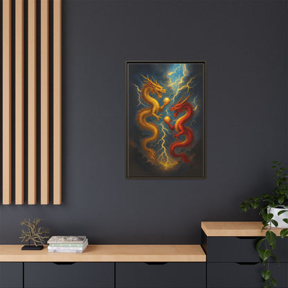 Golden and Red Twin Dragons Canvas Feng Shui Wall Art Lightning Storm Dragon Pearl Good Luck Decor Gift for Dad Living Room