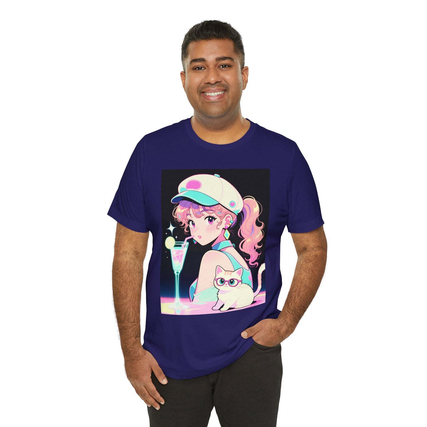 Retro Girl and Cat T Shirt Vaporwave Pastel Anime Shoujo Graphic Tee Neon Cocktail Aesthetic Kawaii Gift for Daughter or Dad Casual Streetwear