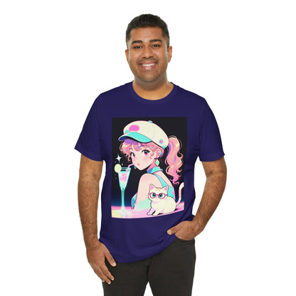 Retro Girl and Cat T Shirt Vaporwave Pastel Anime Shoujo Graphic Tee Neon Cocktail Aesthetic Kawaii Gift for Daughter or Dad Casual Streetwear