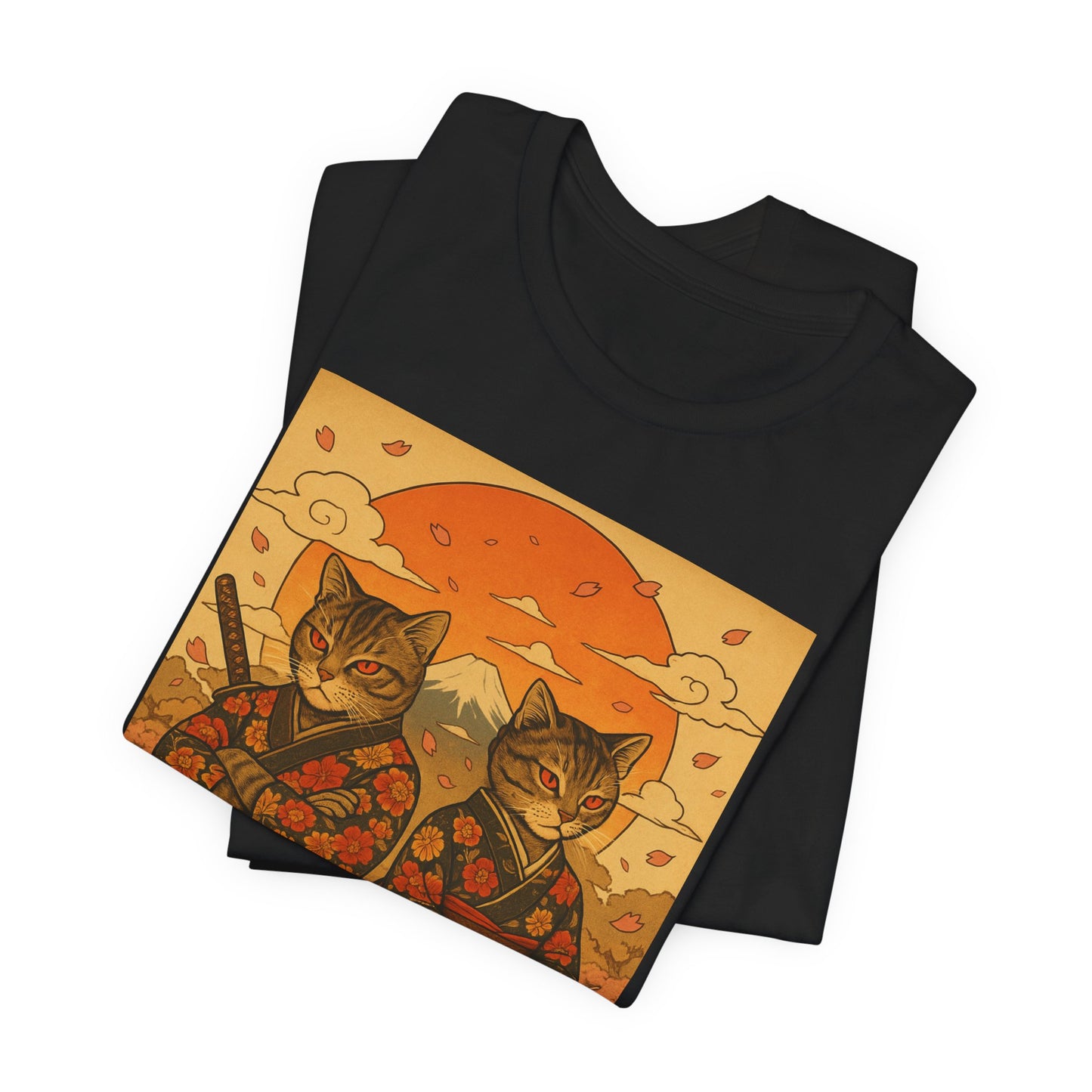 Samurai Cat T-Shirt - Floral Kimono Warrior with Katana | Japanese Ukiyo-e Style, Cherry Blossoms & Mount Fuji | Bold Cat Art Tee
