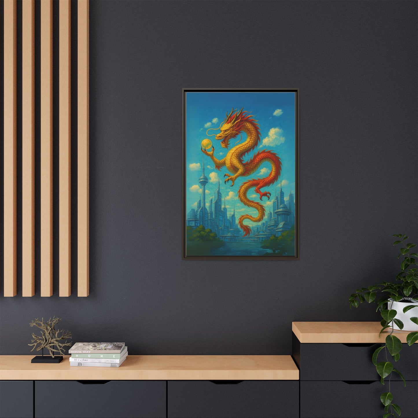 Neo Tokyo Golden Dragon Canvas Japan Inspired Futuristic Skyline Painting Feng Shui Good Luck Decor Dragon Pearl Gift for Dad