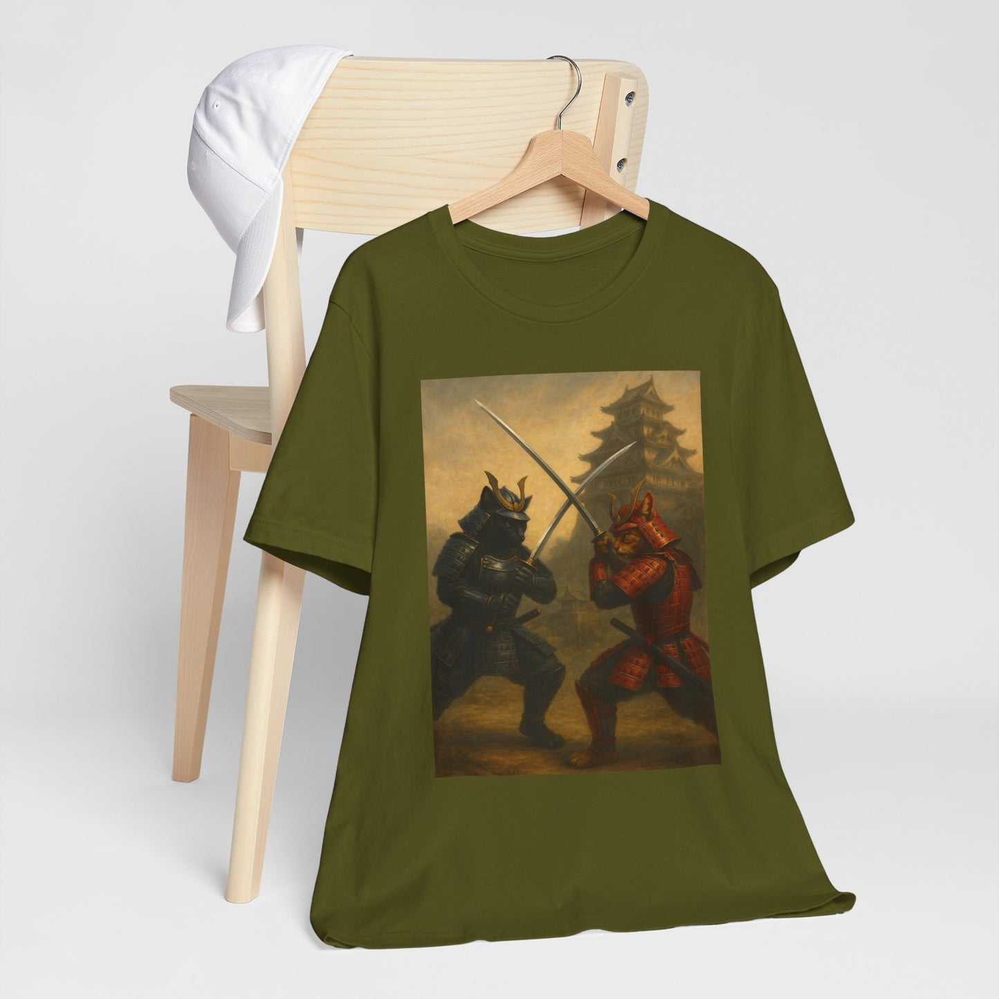 Epic Cat Samurai Battle Tee - War Horses Clash in Front of Japanese Castle  Feline Warrior Art Shirt for Fantasy & Japan Lovers