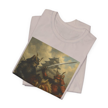 Epic Cat Samurai Battle Tee - War Horses Clash in Front of Japanese Castle  Feline Warrior Art Shirt for Fantasy & Japan Lovers