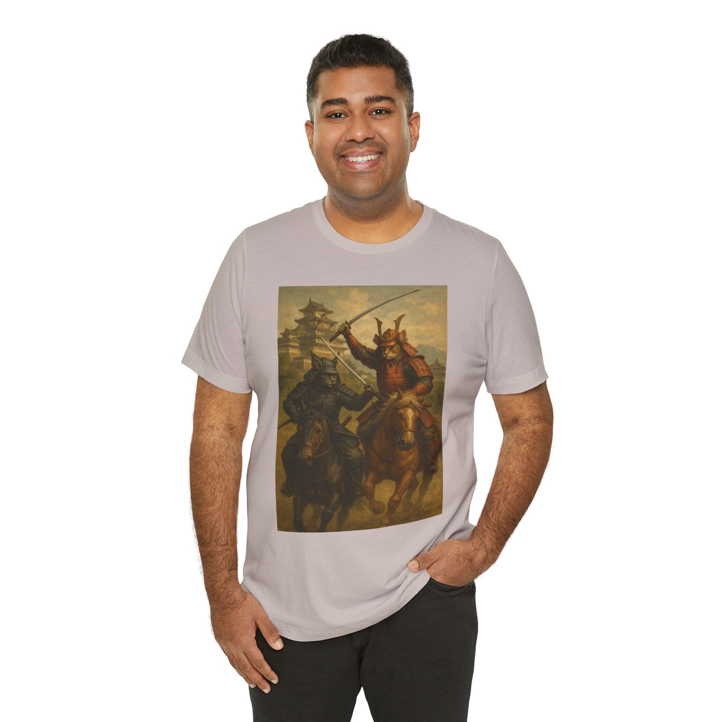 Epic Cat Samurai Battle Tee - War Horses Clash in Front of Japanese Castle  Feline Warrior Art Shirt for Fantasy & Japan Lovers