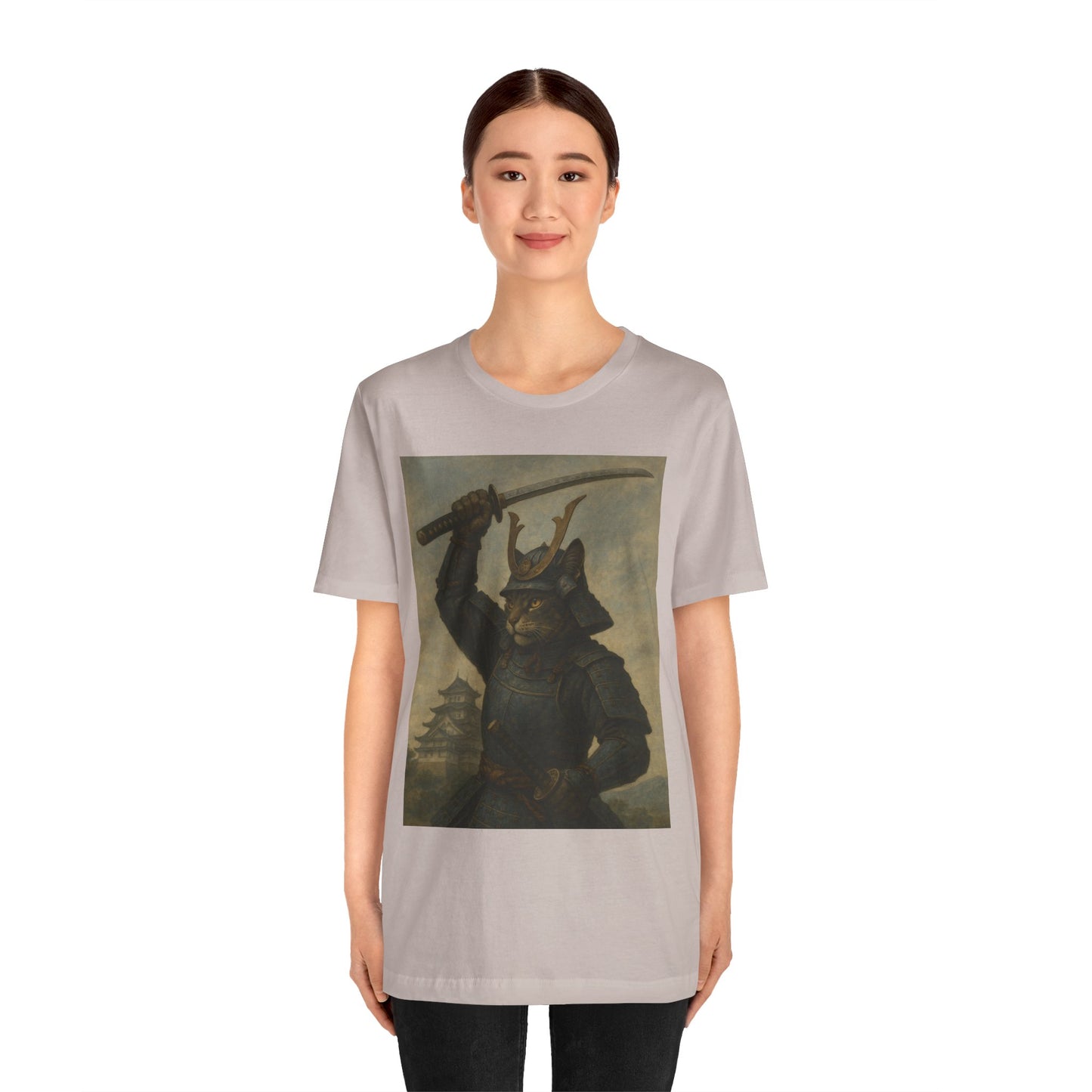 Cat Samurai Strike Tee | Epic Armored Feline Raising Katana | Japanese Warrior Art Unisex Shirt