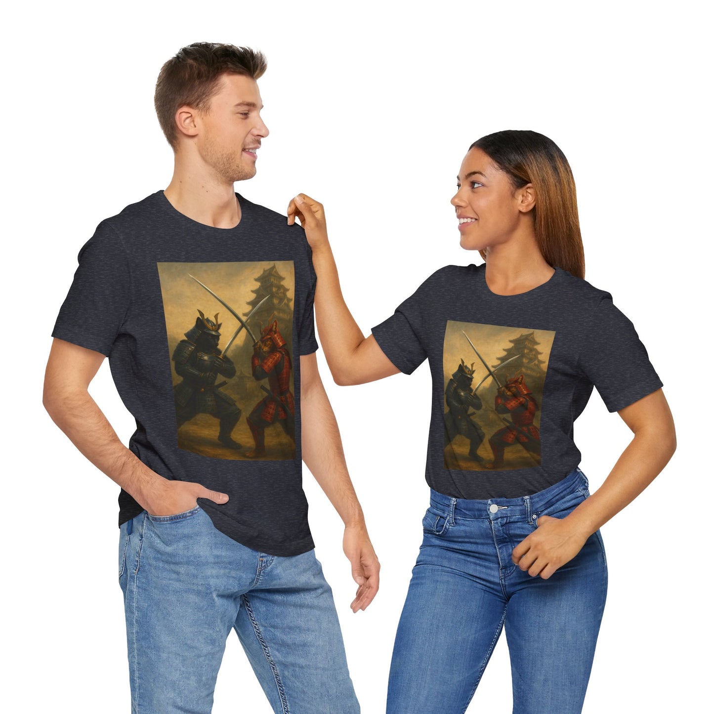 Epic Cat Samurai Battle Tee - War Horses Clash in Front of Japanese Castle  Feline Warrior Art Shirt for Fantasy & Japan Lovers
