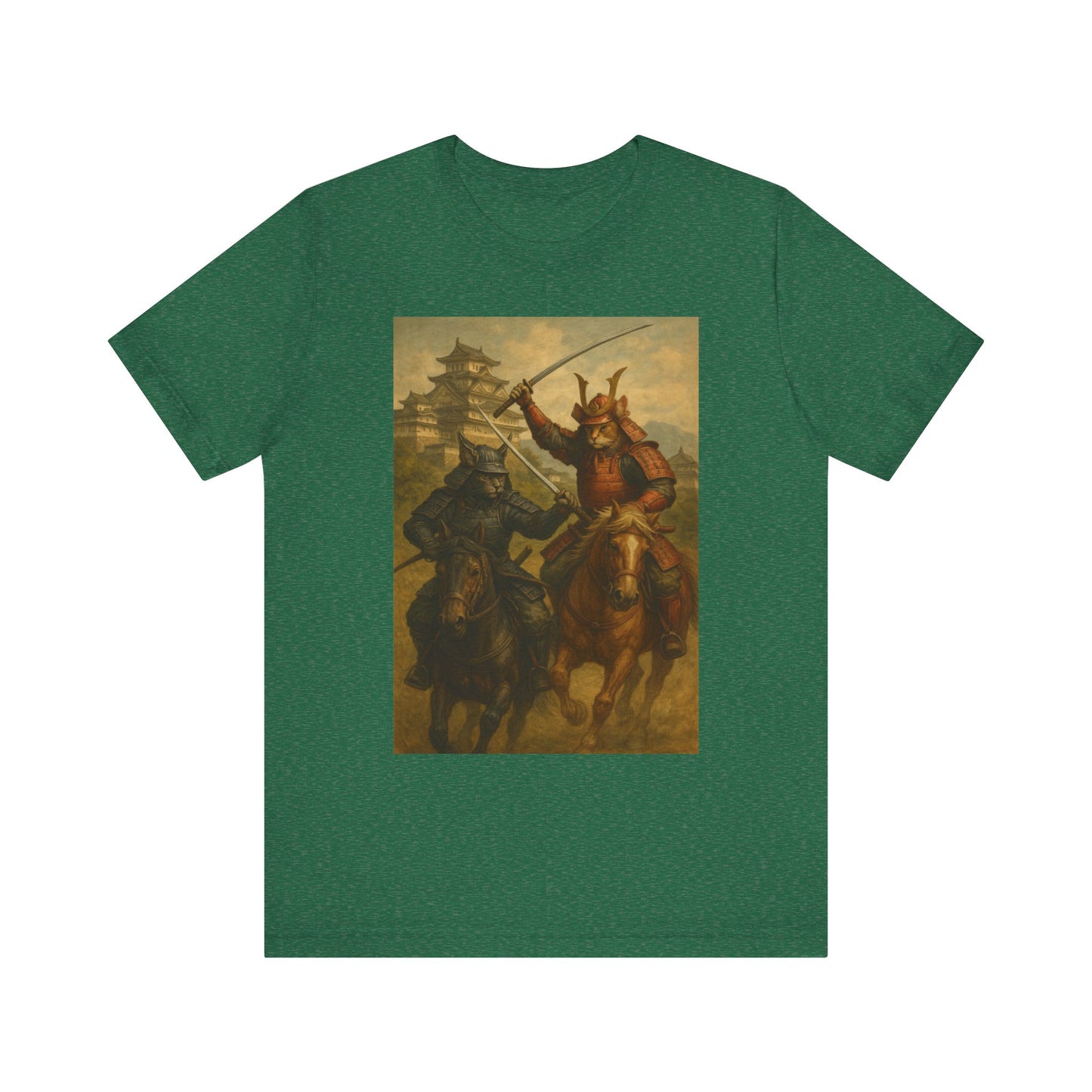 Epic Cat Samurai Battle Tee - War Horses Clash in Front of Japanese Castle  Feline Warrior Art Shirt for Fantasy & Japan Lovers
