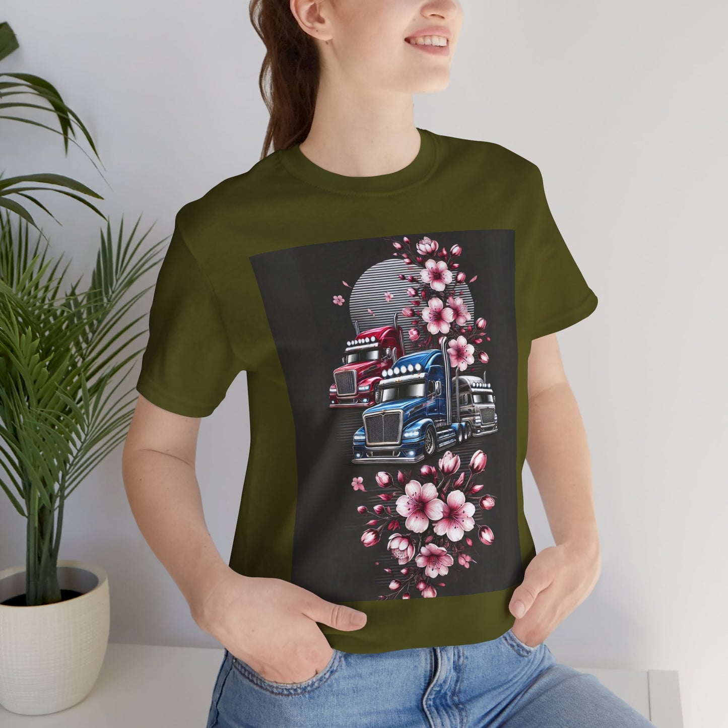 Cherry Blossom Convoy T-Shirt | Japanese Sakura x Modern Truck Art | Unique Graphic Tee for Drivers & Streetwear Lovers No.005