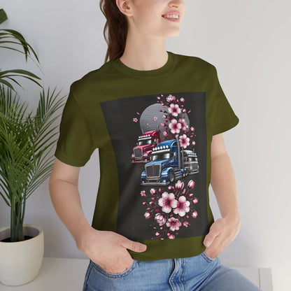 Cherry Blossom Convoy T-Shirt | Japanese Sakura x Modern Truck Art | Unique Graphic Tee for Drivers & Streetwear Lovers No.005