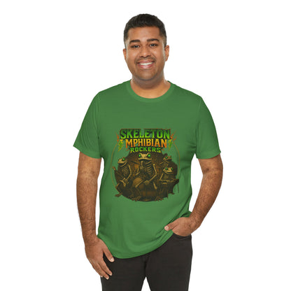 Skeleton Amphibian Rockers Album Cover Tee - Green Eyed Skeleton Frog Band Vocal Guitar Piano Drums Rock Art Shirt