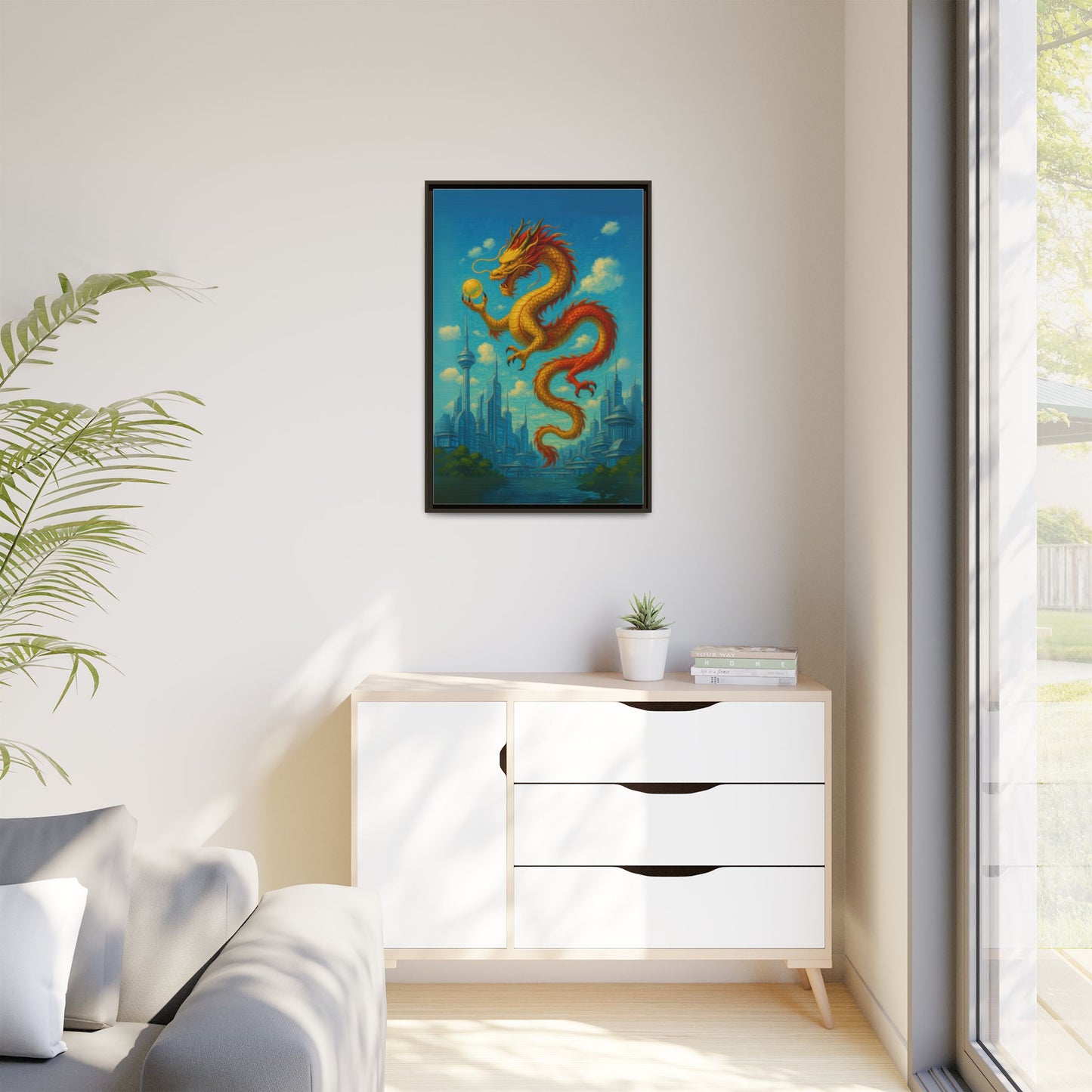 Neo Tokyo Golden Dragon Canvas Japan Inspired Futuristic Skyline Painting Feng Shui Good Luck Decor Dragon Pearl Gift for Dad