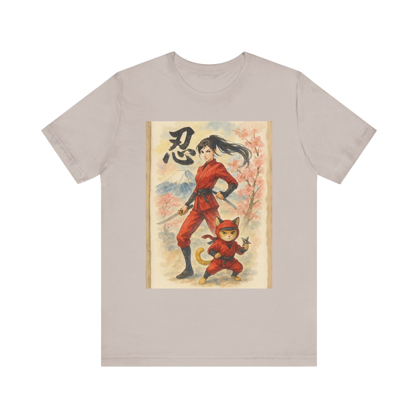 Ninja and Cat Watercolor T-Shirt - Female Ninja in Red Outfit with Katana-Kanji Art, Mount Fuji, Cherry Blossoms - Cool Unise x Japanese Tee