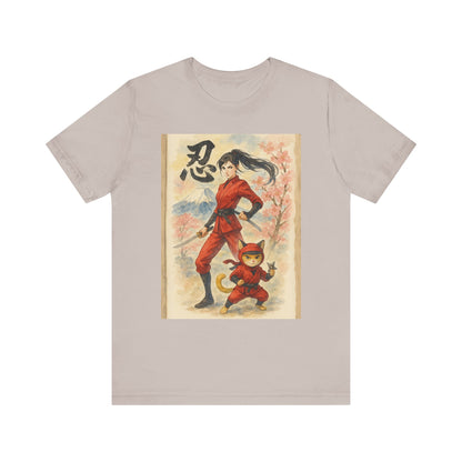 Ninja and Cat Watercolor T-Shirt - Female Ninja in Red Outfit with Katana-Kanji Art, Mount Fuji, Cherry Blossoms - Cool Unise x Japanese Tee