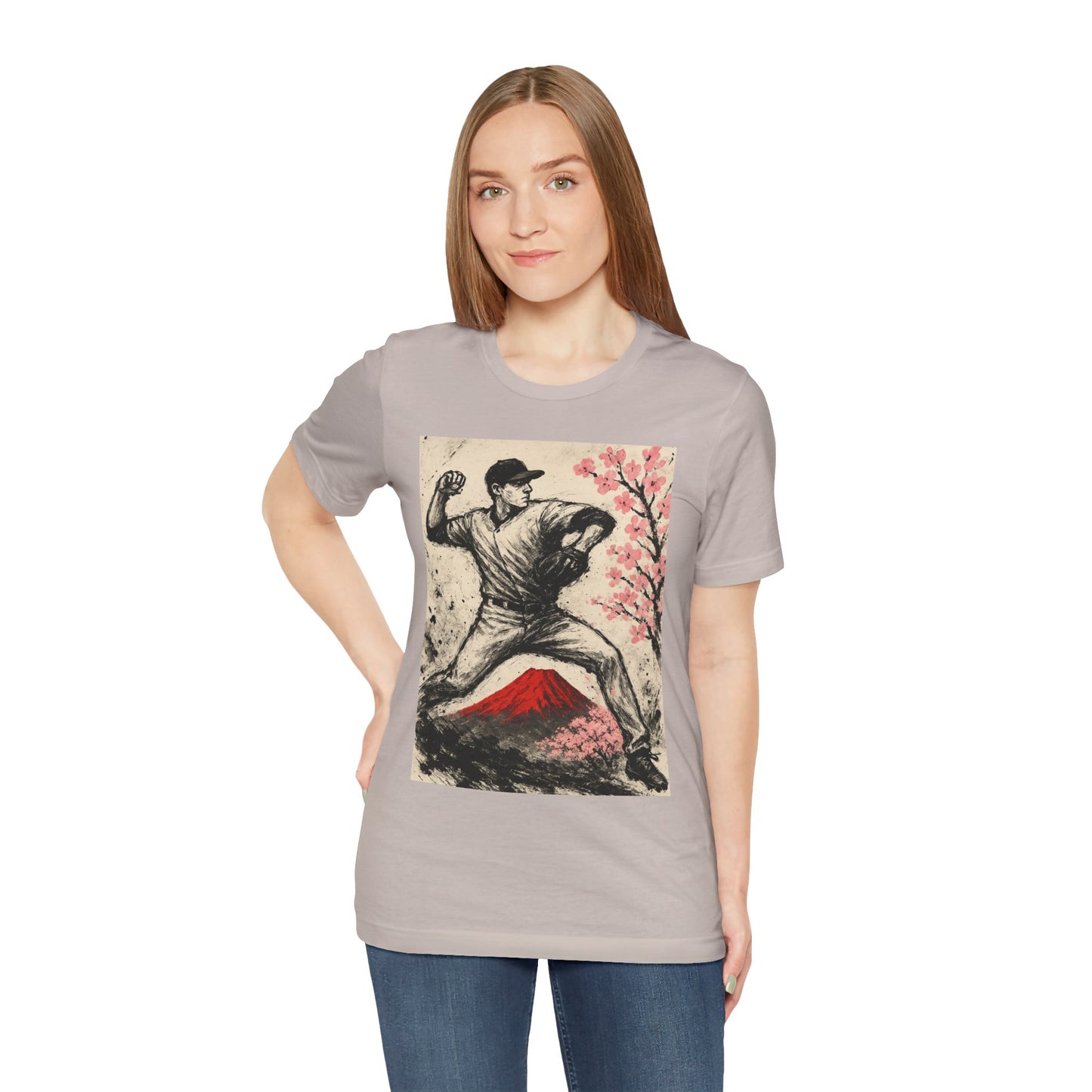 Pro Baseball Pitcher Sumi Ink Art Shirt Fuji Sakura Retro Japanese Print Windup Fastball Tee Japan Inspired Sports Art Gift for Dad