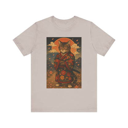 Samurai Cat T-Shirt - Floral Kimono Warrior with Katana | Japanese Ukiyo-e Style, Cherry Blossoms & Mount Fuji | Bold Cat Art Tee