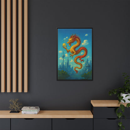 Neo Tokyo Golden Dragon Canvas Japan Inspired Futuristic Skyline Painting Feng Shui Good Luck Decor Dragon Pearl Gift for Dad