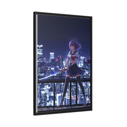 Anime Warrior Girl Canvas Tokyo Night Skyline Katana Wall Art Futuristic Heroine Gift for Daughter or Dad Gaming Room Decor