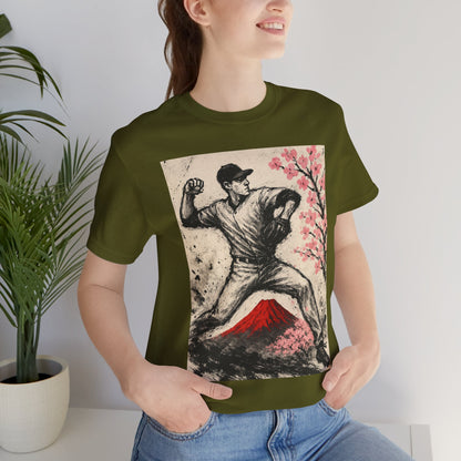 Pro Baseball Pitcher Sumi Ink Art Shirt Fuji Sakura Retro Japanese Print Windup Fastball Tee Japan Inspired Sports Art Gift for Dad