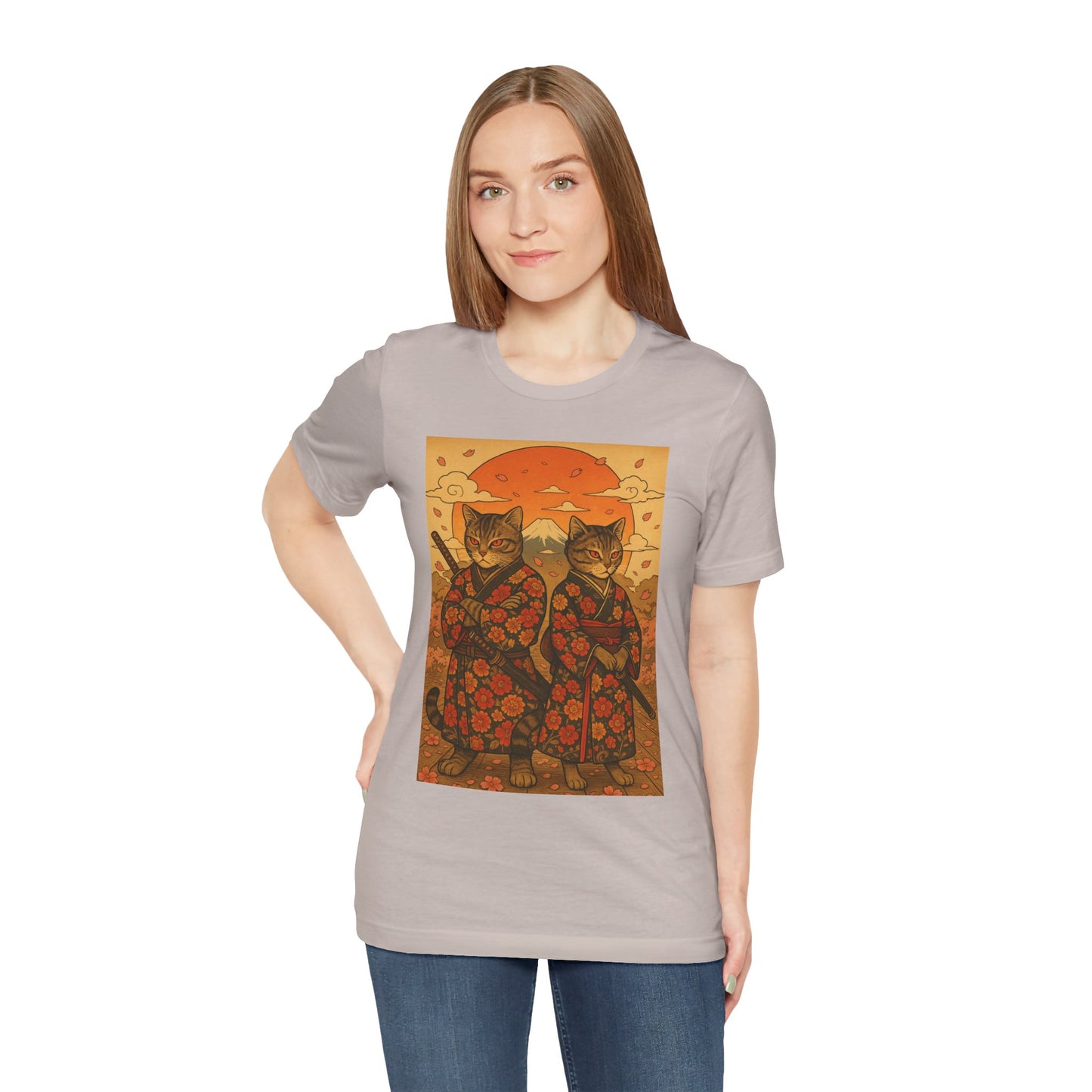Samurai Cat T-Shirt - Floral Kimono Warrior with Katana | Japanese Ukiyo-e Style, Cherry Blossoms & Mount Fuji | Bold Cat Art Tee