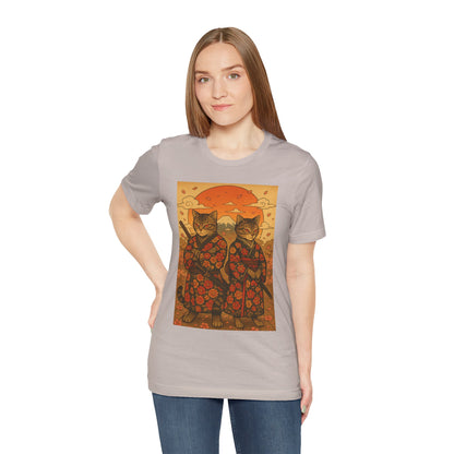 Samurai Cat T-Shirt - Floral Kimono Warrior with Katana | Japanese Ukiyo-e Style, Cherry Blossoms & Mount Fuji | Bold Cat Art Tee