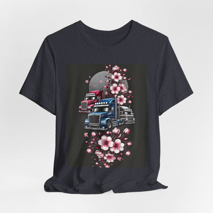 Cherry Blossom Convoy T-Shirt | Japanese Sakura x Modern Truck Art | Unique Graphic Tee for Drivers & Streetwear Lovers No.005