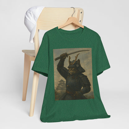 Cat Samurai Strike Tee | Epic Armored Feline Raising Katana | Japanese Warrior Art Unisex Shirt