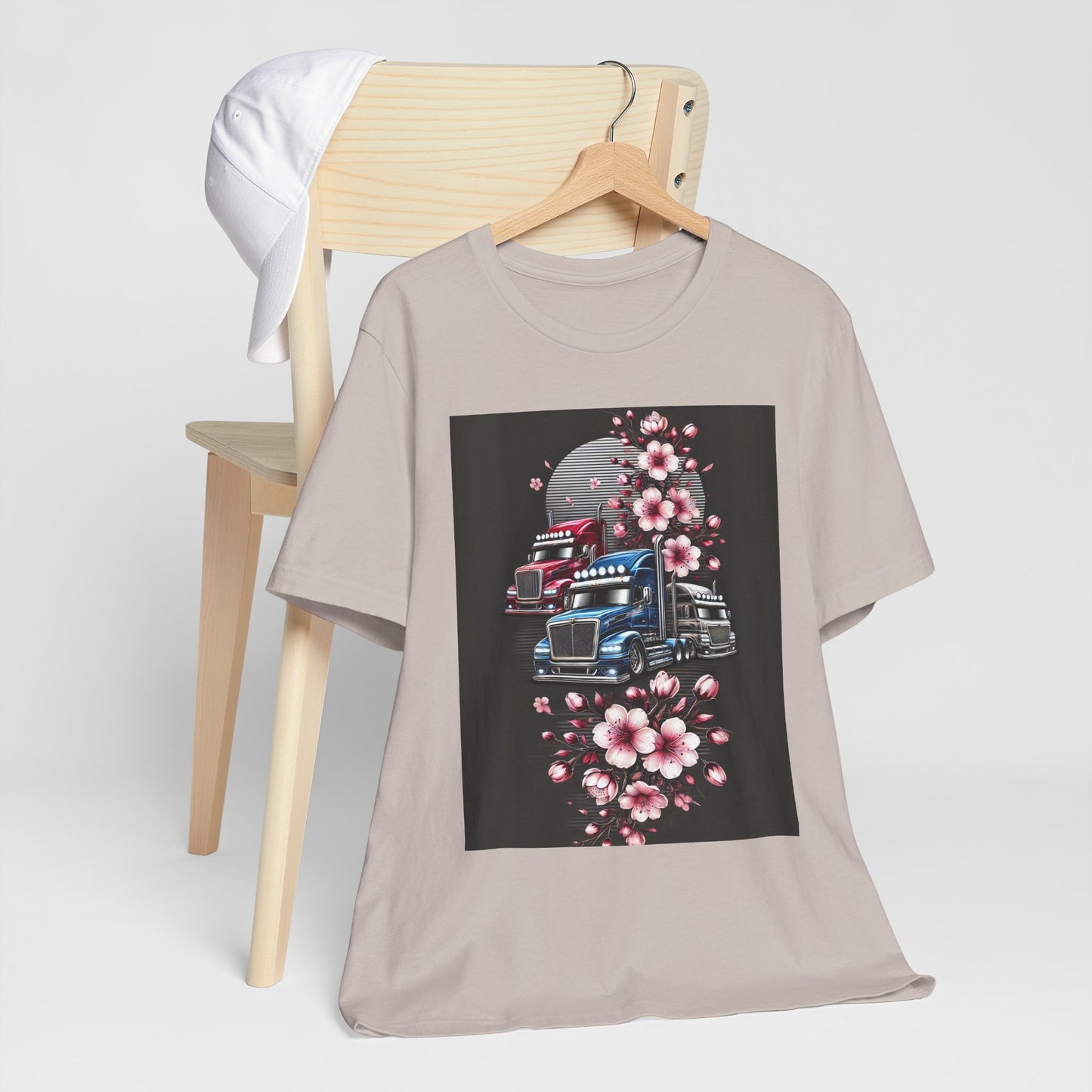 Cherry Blossom Convoy T-Shirt | Japanese Sakura x Modern Truck Art | Unique Graphic Tee for Drivers & Streetwear Lovers No.005