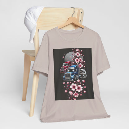Cherry Blossom Convoy T-Shirt | Japanese Sakura x Modern Truck Art | Unique Graphic Tee for Drivers & Streetwear Lovers No.005