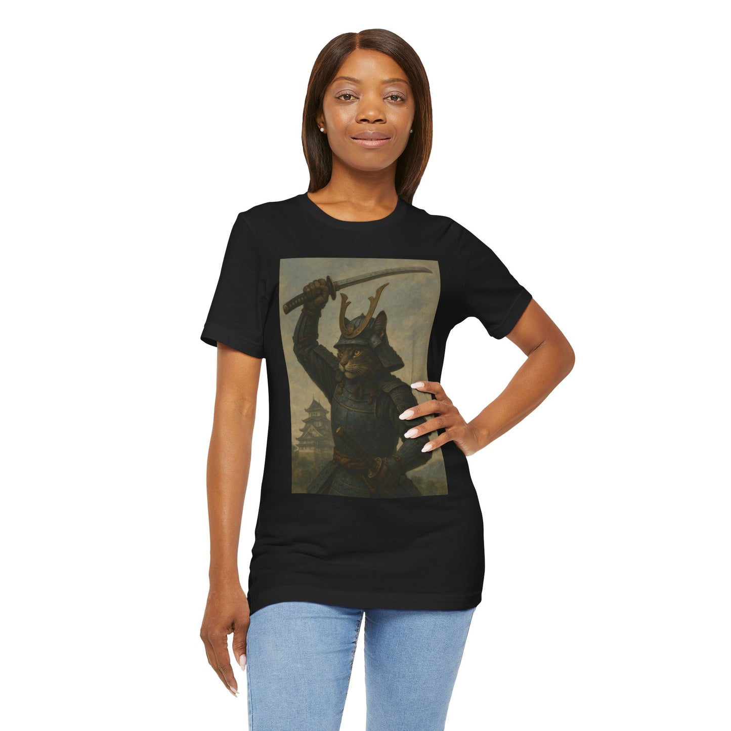 Cat Samurai Strike Tee | Epic Armored Feline Raising Katana | Japanese Warrior Art Unisex Shirt