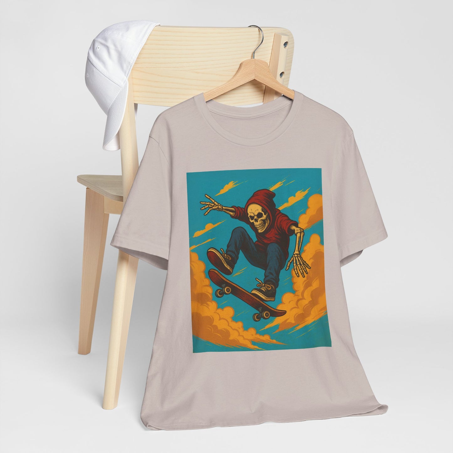 Skater Skeleton Hoodie Graphic Tee - Bold Comic Art Shirt for Men and Women - Colorful Streetwear T-Shirt for Skull and Skate Lovers