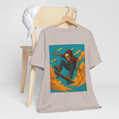 Skater Skeleton Hoodie Graphic Tee - Bold Comic Art Shirt for Men and Women - Colorful Streetwear T-Shirt for Skull and Skate Lovers