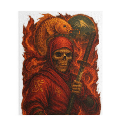 Dark Ninja Skull Puzzle-Gothic Japanese Horror Art, Golden Koi & Fire, High-Detail Mystery Warrior Jigsaw for Adults, Unique Gift Idea