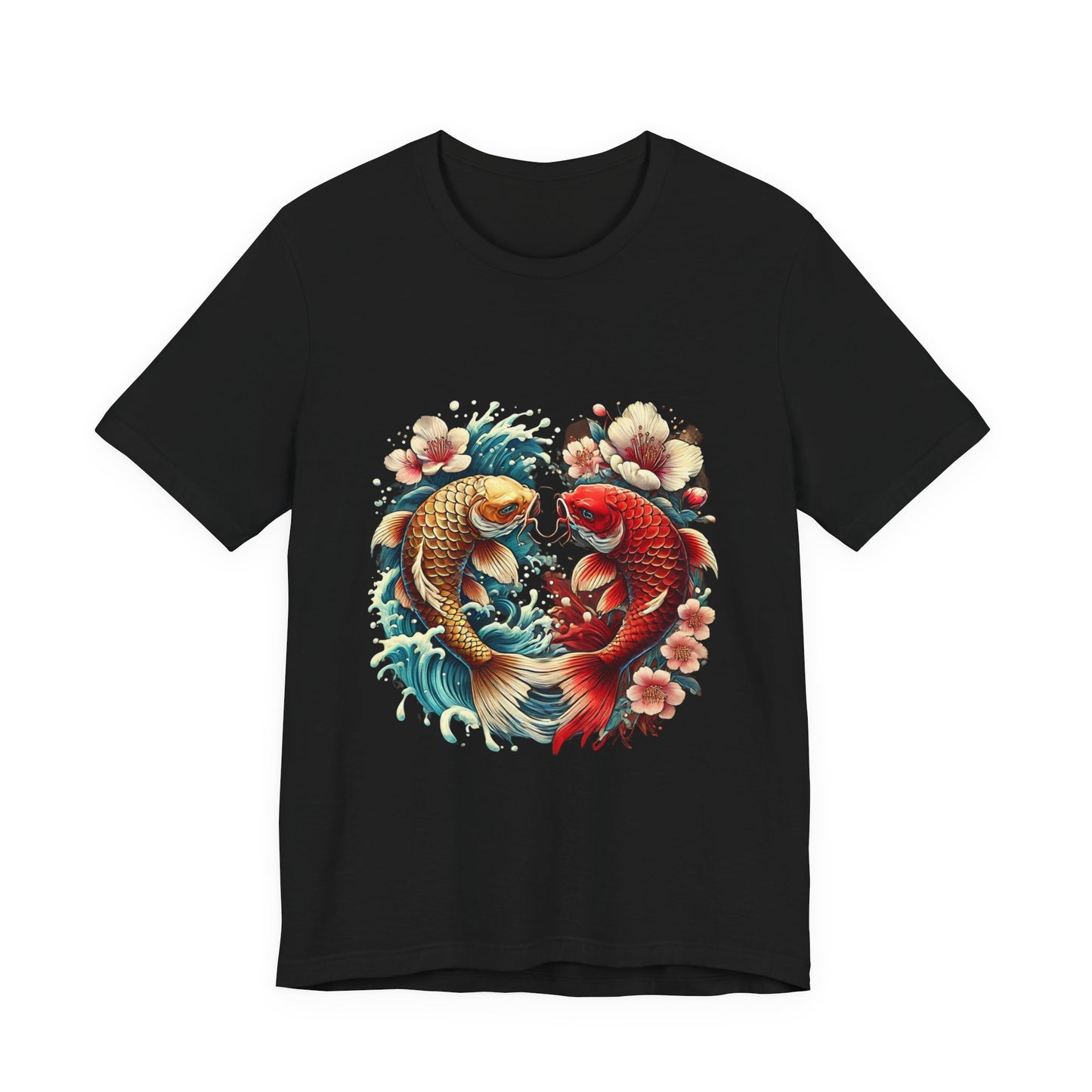 Koi Fish Yin Yang T-Shirt - Japanese Tattoo Style Nishikigoi, Cherry Blossoms, Water Art, Lucky Fish, Unisex Graphic Tee