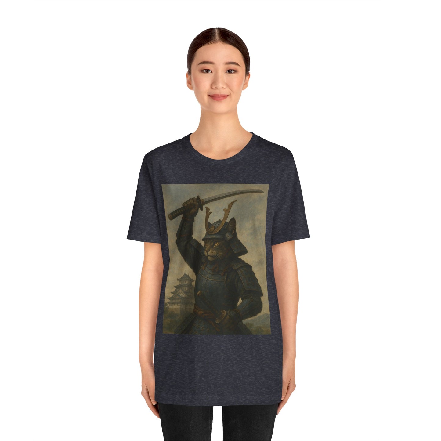 Cat Samurai Strike Tee | Epic Armored Feline Raising Katana | Japanese Warrior Art Unisex Shirt