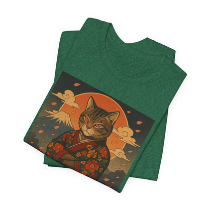 Samurai Cat T-Shirt - Floral Kimono Warrior with Katana | Japanese Ukiyo-e Style, Cherry Blossoms & Mount Fuji | Bold Cat Art Tee