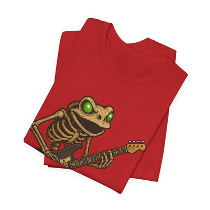 Skeleton Frog Shredding Electric Guitar Tee - Glowing Green Eyes Rock Art Shirt for Musicians Frog Lovers and Gothic Punk Style