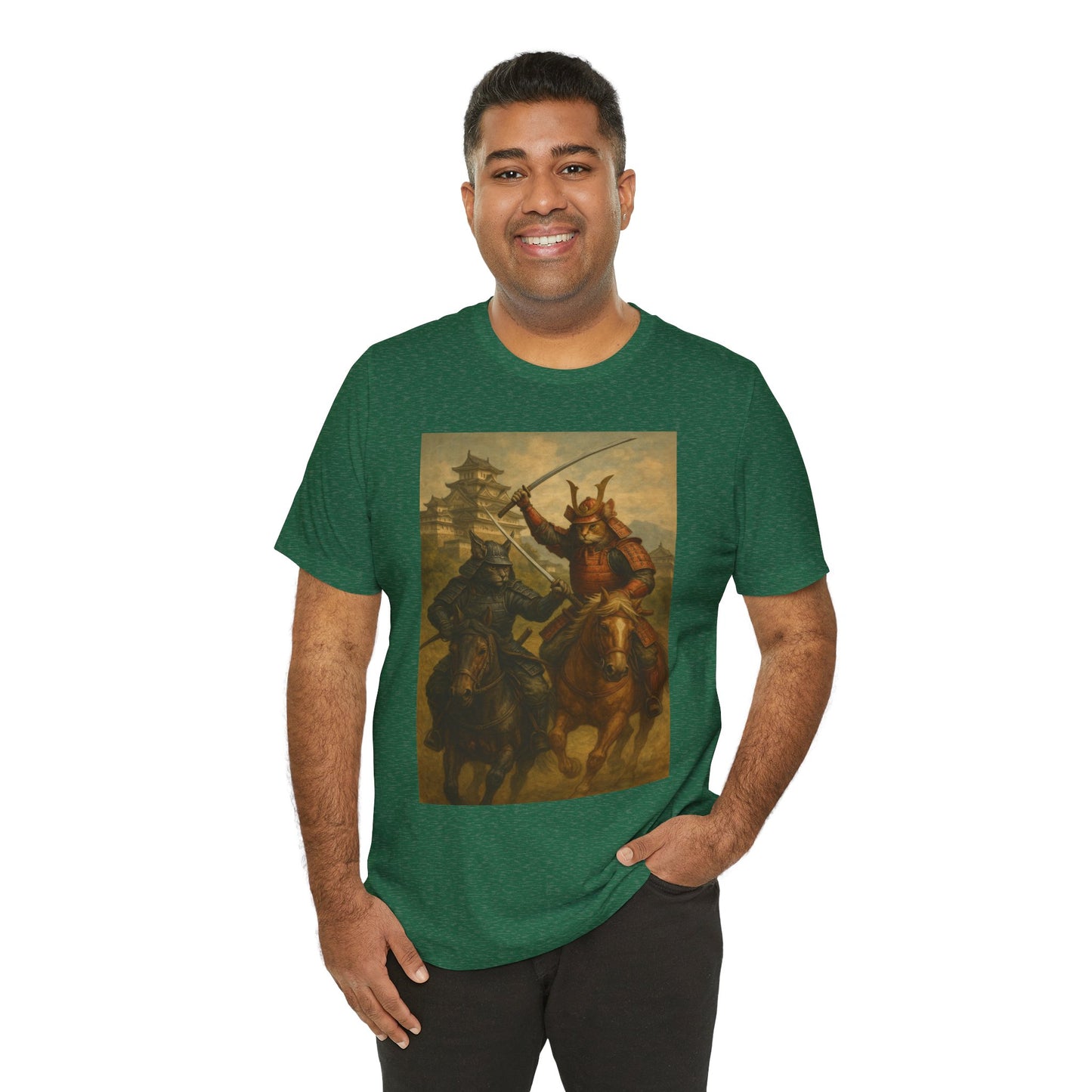 Epic Cat Samurai Battle Tee - War Horses Clash in Front of Japanese Castle  Feline Warrior Art Shirt for Fantasy & Japan Lovers