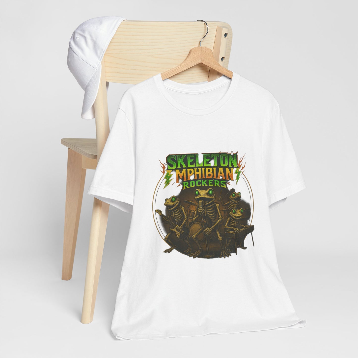 Skeleton Amphibian Rockers Album Cover Tee - Green Eyed Skeleton Frog Band Vocal Guitar Piano Drums Rock Art Shirt