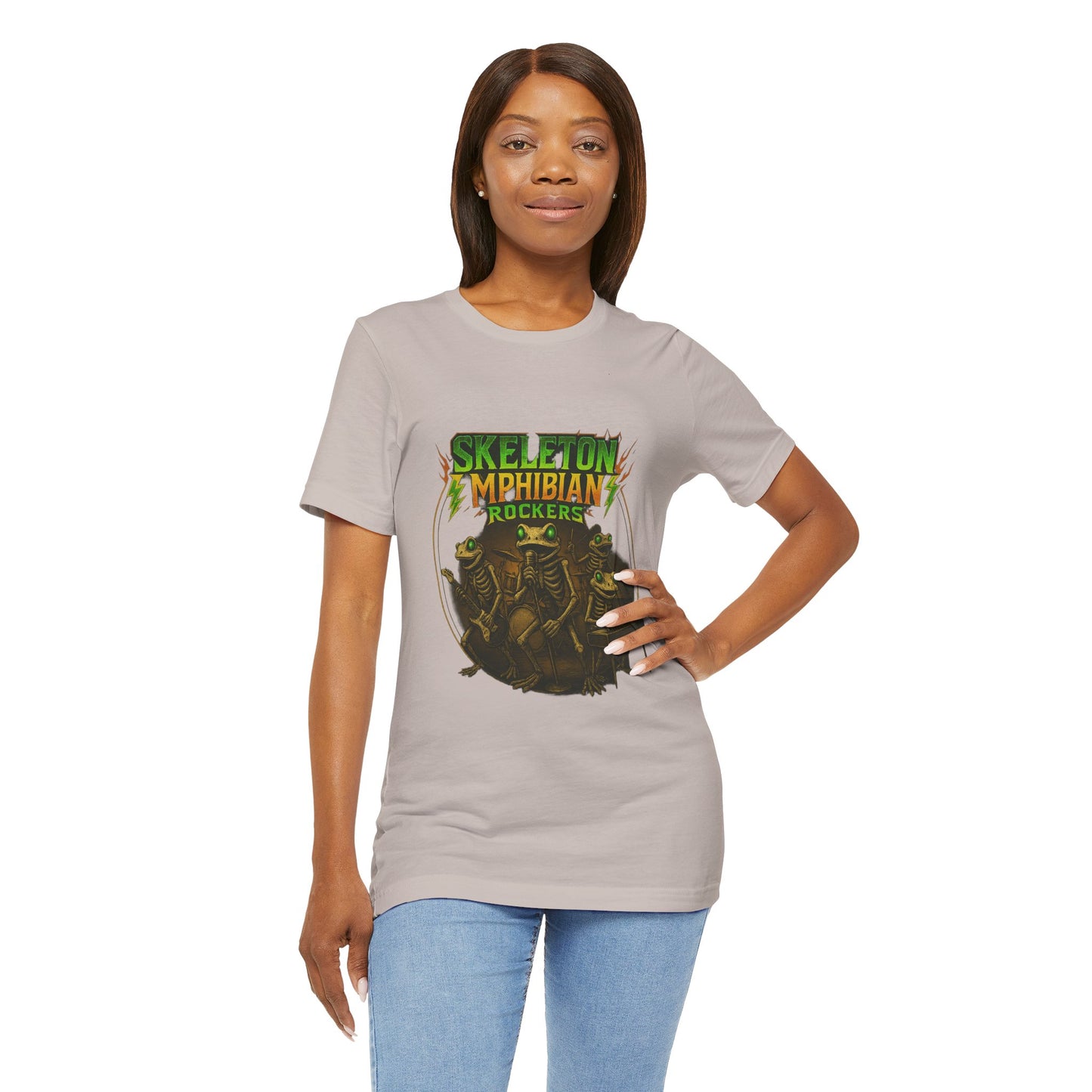Skeleton Amphibian Rockers Album Cover Tee - Green Eyed Skeleton Frog Band Vocal Guitar Piano Drums Rock Art Shirt