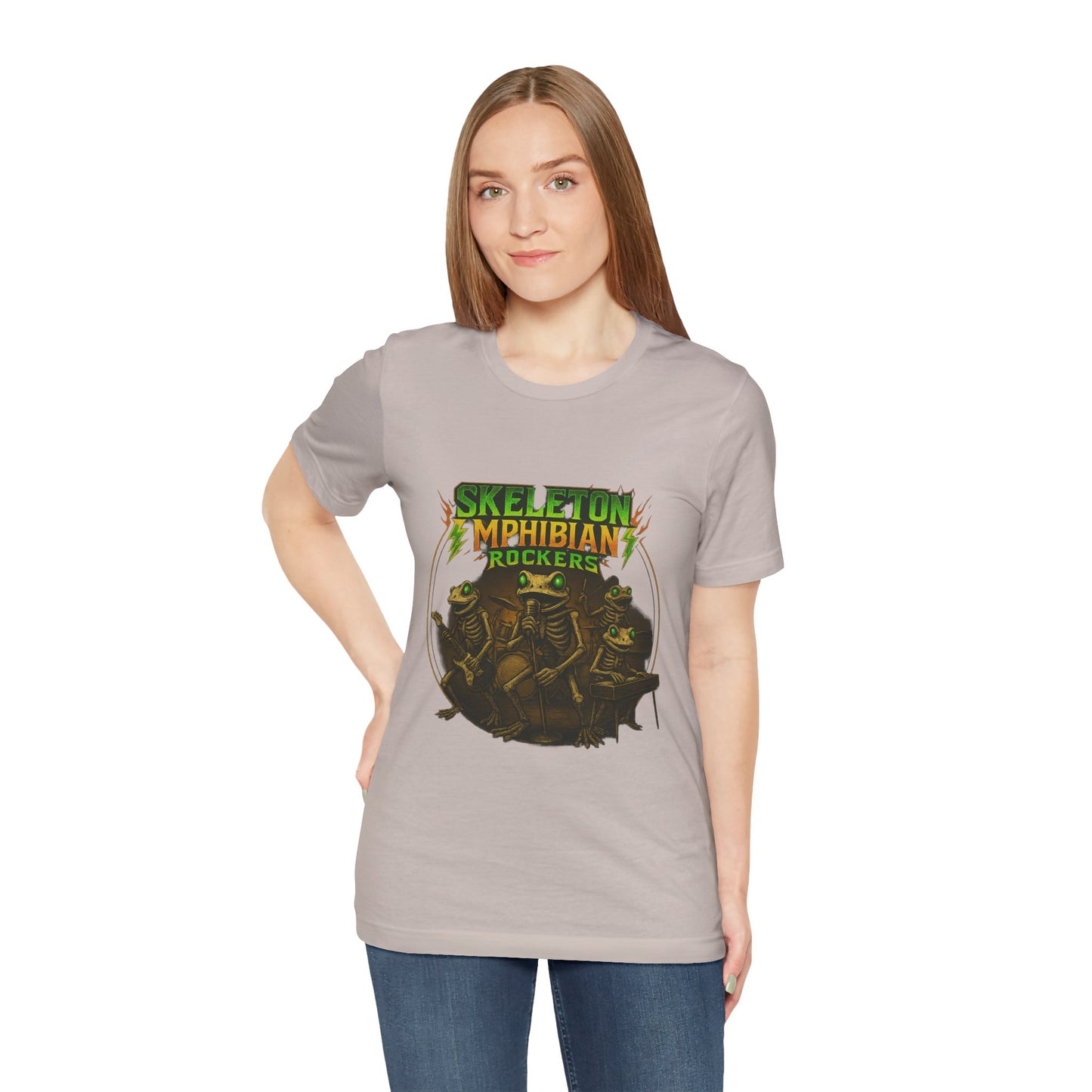 Skeleton Amphibian Rockers Album Cover Tee - Green Eyed Skeleton Frog Band Vocal Guitar Piano Drums Rock Art Shirt