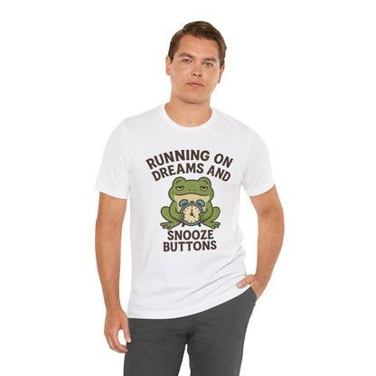 Running on Dreams and Snooze Buttons Shirt Sleepy Frog Tee Funny Night Owl Top Great Dad Gift Cozy Loungewear Aesthetic