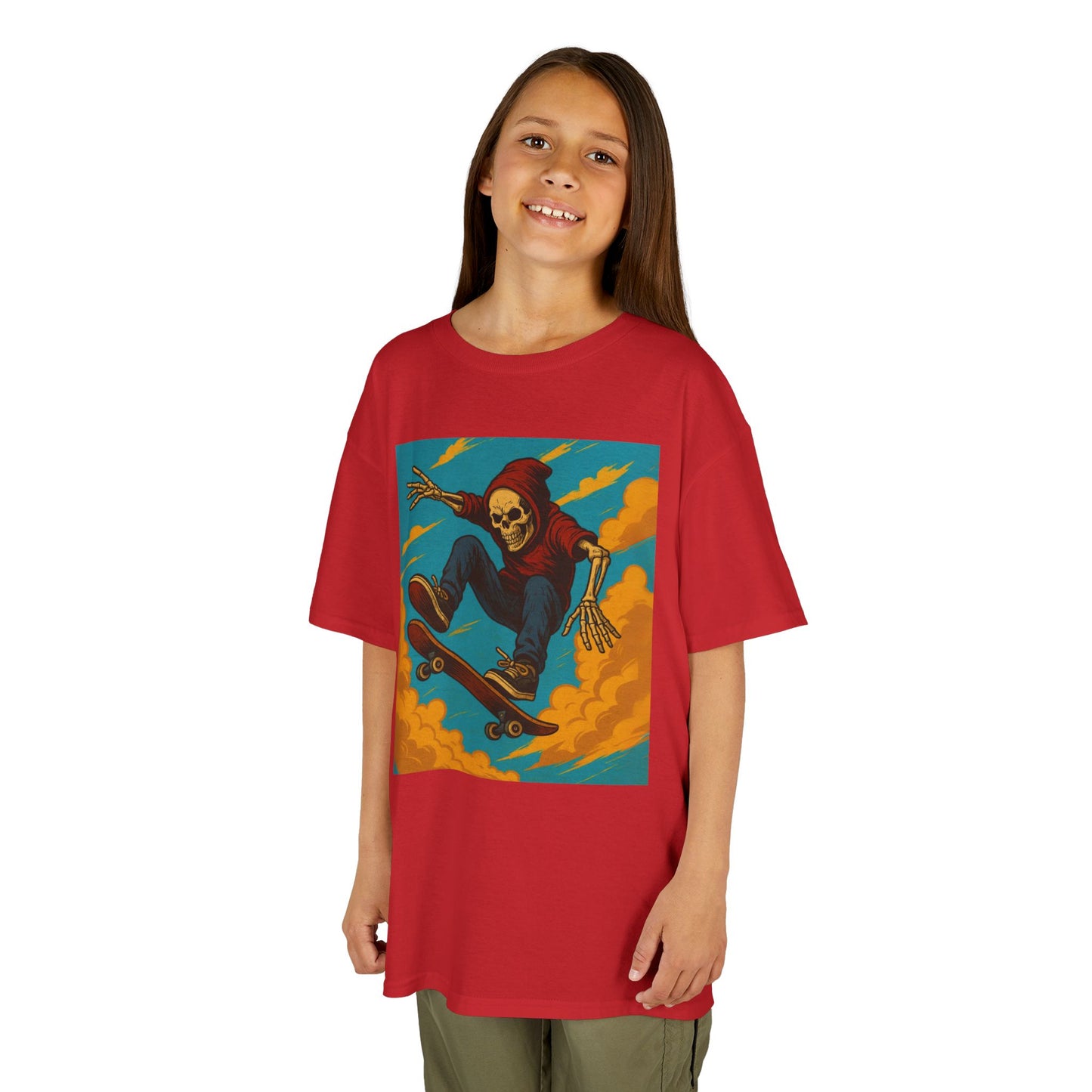Colorful Skeleton Skater Hoodie Shirt for Kids - Bold Comic Art Skateboarding Tee - Cool Gift for Boys or Girls Who Love Street Style
