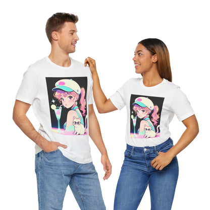 Retro Girl and Cat T Shirt Vaporwave Pastel Anime Shoujo Graphic Tee Neon Cocktail Aesthetic Kawaii Gift for Daughter or Dad Casual Streetwear